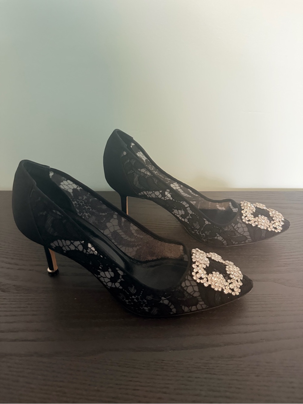 Manolo Blahnik Black Lace Pumps with Crystal Buckle - Picture 6 of 12